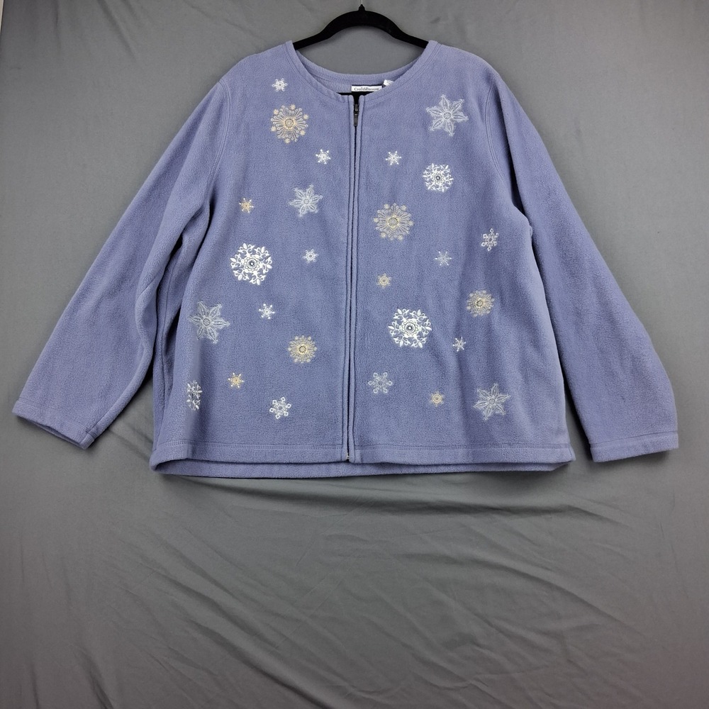 Croft & Barrow Womens 2X Periwinkle Blue Snowflake Embroidered Zip Fleece Jacket